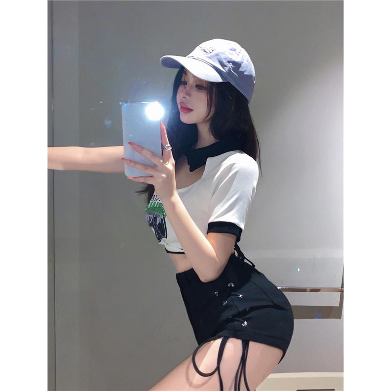 Cocory vn Set Áo Thun Ngắn Tay + Quần Short Denim Lưng Cao Thời Trang Nữ