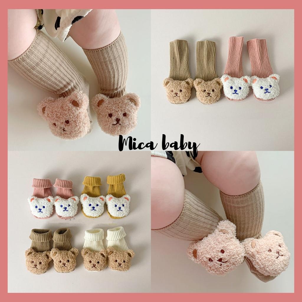 Tất vớ cao cổ cho bé đính gấu bông xù phong cách Hàn Quốc đáng yêu T38 Mica baby
