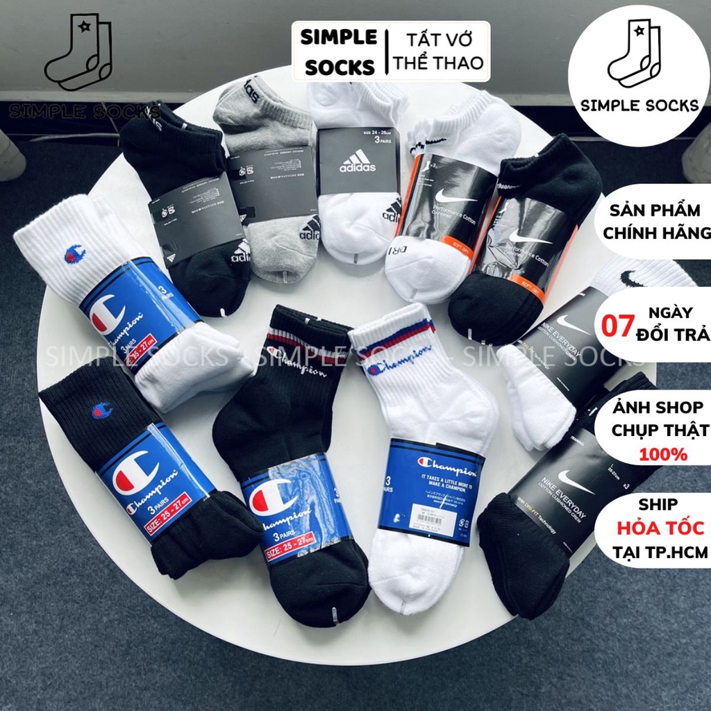 Pack 3 Đôi Vớ Chính Hãng️🍓FREESHIP️🍓Tất Nike, Adidas, Champions Cổ Cao, Cổ Lửng, Cổ Lười - Chất Coton Thấm Hút Mồ HôiTốt