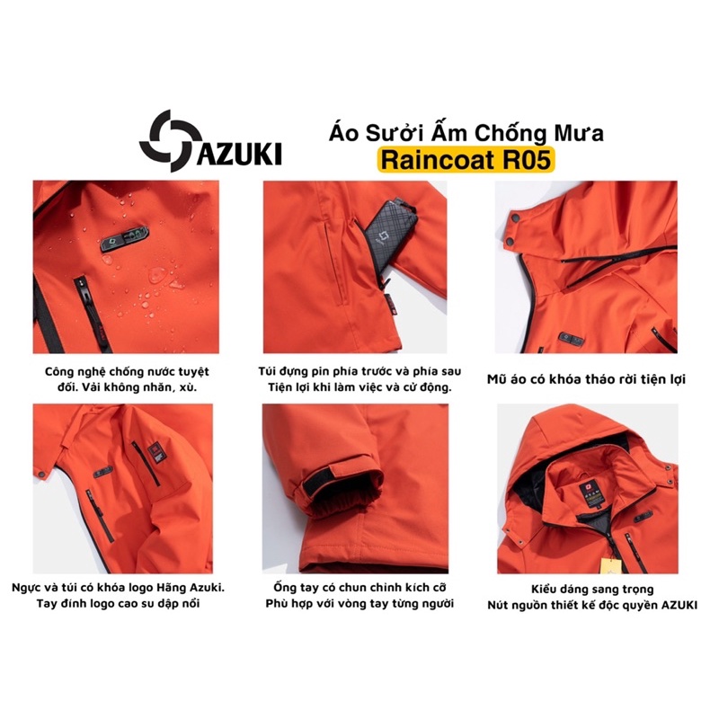 Áo Sưởi AZUKI Raincoat R05 Chống Mưa Tuyệt Đối, Pin 20000mah Thời Gian Từ 10 Đến 15 Tiếng