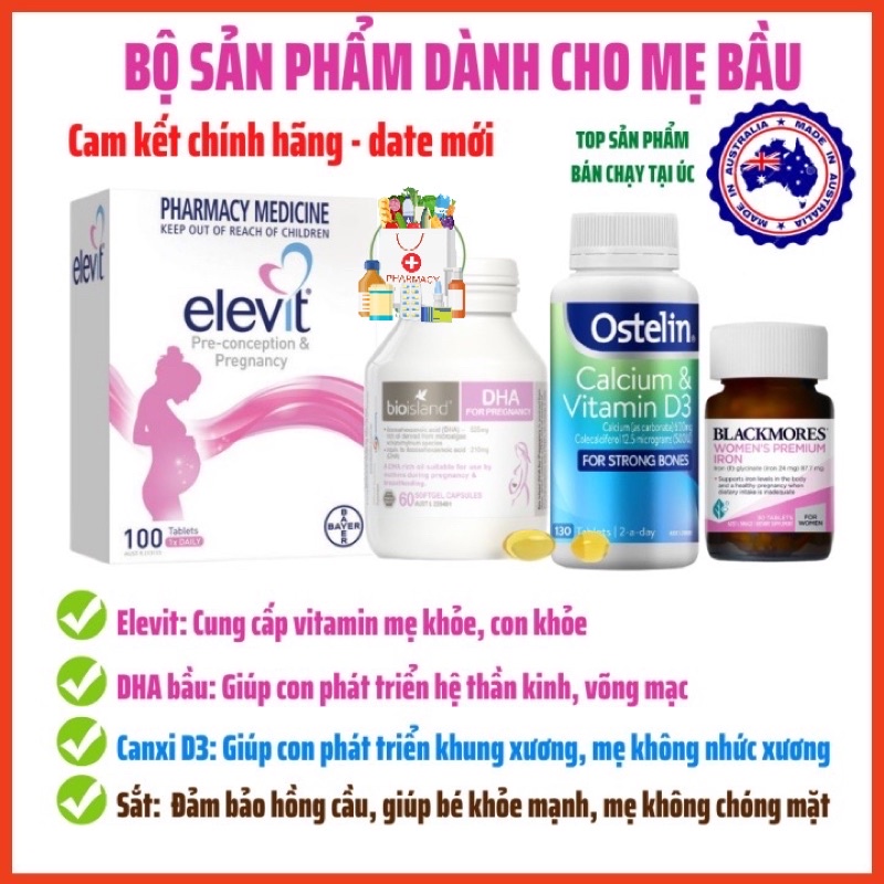 COMBO BẦU ÚC - BỘ TỨ VITAMIN ÚC DÀNH CHO BÀ BẦU Elevit bầu, Canxi Ostelin