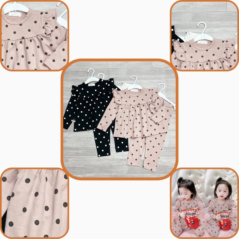 Đồ bộ bé gái combo 2 bộ quần áo vải zip cao cấp tay cánh tiên màu chấm bi JIMADO