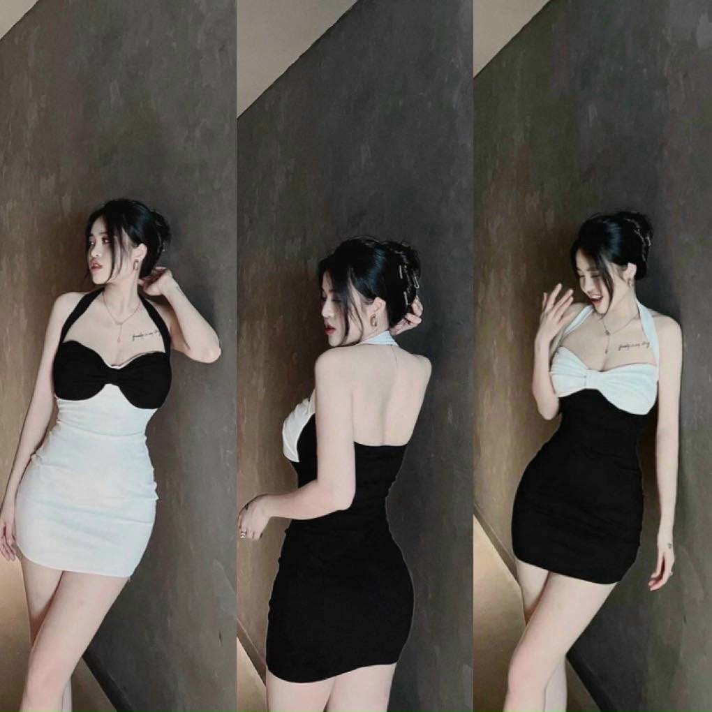 Đầm Body phối nơ hai màu trắng đen có mút ngự.c sexy
