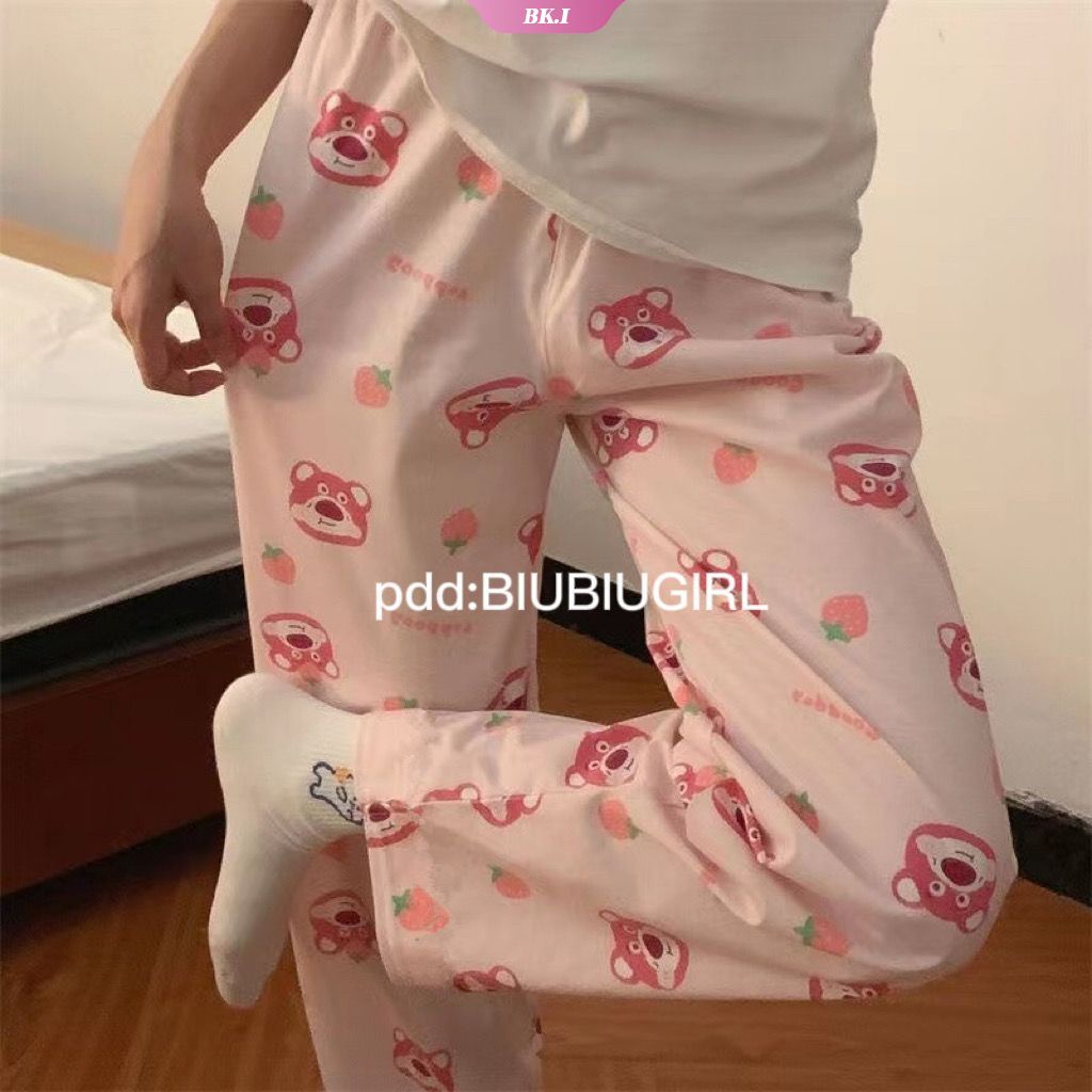 DISNEY Quần Ngủ Lưng Thun Ống Rộng In Họa Tiết Hoạt Hình Gấu / Dâu Tây Dễ Thương Thời Trang Mùa Đông Cho Nữ