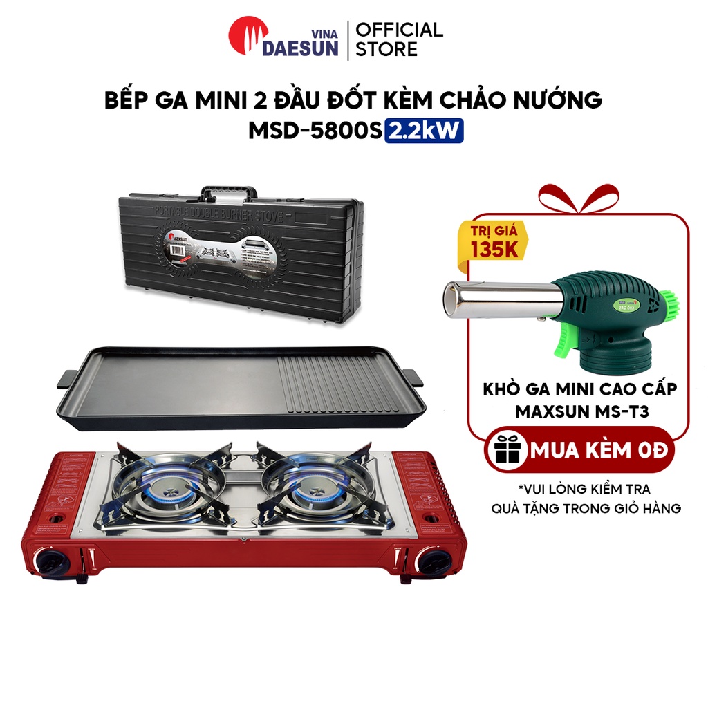 Bếp Ga Mini Hai Đầu Đốt, Kèm Chảo Nướng Chống Dính MSD-5800S - Công Suất 2200W | Bảo Hành 12 Tháng | Hàng Chính Hãng