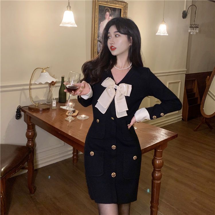 Đầm Dệt Kim Cao Cấp Cổ Chữ v Thắt Nơ Eo Màu Đen Thời Trang Mùa Thu Dành Cho Nữ