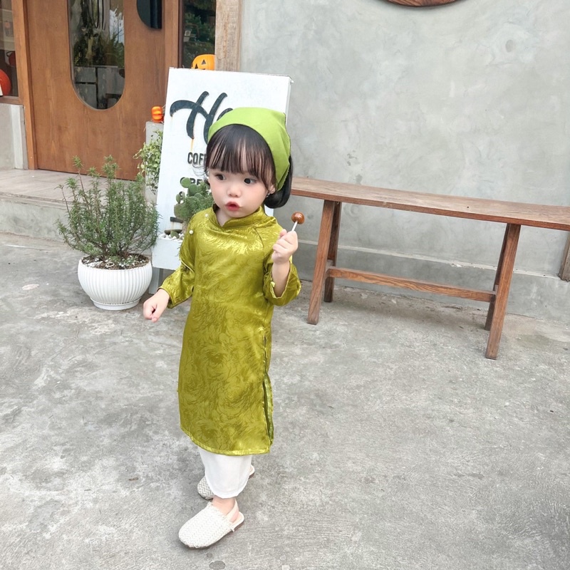Bộ áo dài gấm xanh hồng bé gái