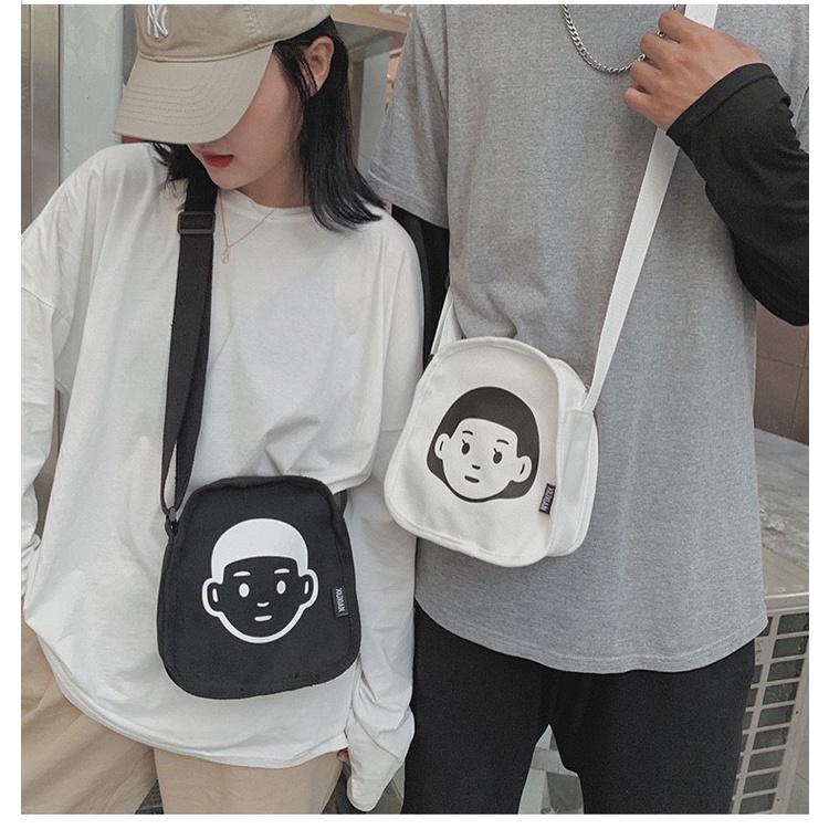 Túi vải tote canvas đeo chéo hình mặt người ngộ nghĩnh đáng yêu phong cách Harajuku Nhật Bản