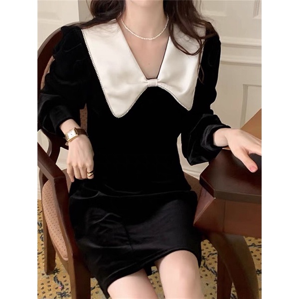 Váy nhung cổ nơ sang chảnh