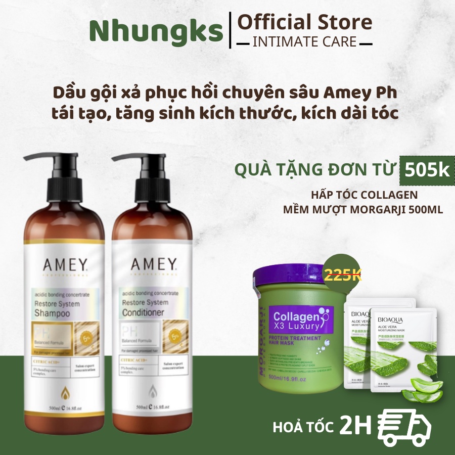 Dầu gội xả phục hồi tóc hư tổn chuyên sâu Amey Restore System Shampoo kích mọc dưỡng mềm mượt tóc khô xơ uốn nhuộm duỗi