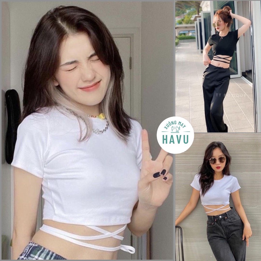 Áo croptop nữ buộc dây dáng ôm body đẹp - Thun kiểu form ngắn cổ tròn, phông cộc tay bánh bèo phong cách ulzzang