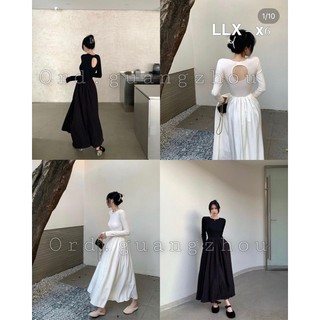 Đầm dáng xoè cổ tròn dài tay khoét lưng