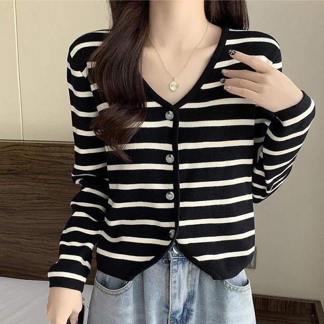 Áo Khoác Cardigan Len Dệt Kim Mỏng Cổ V Kẻ Sọc Cỡ Lớn Thời Trang Mùa Thu Cho Nữ