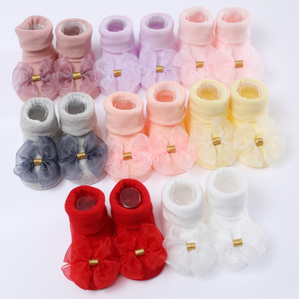 Set 2 Đôi Tất Cotton Đính Nơ + Băng Đô Dễ Thương Cho Bé