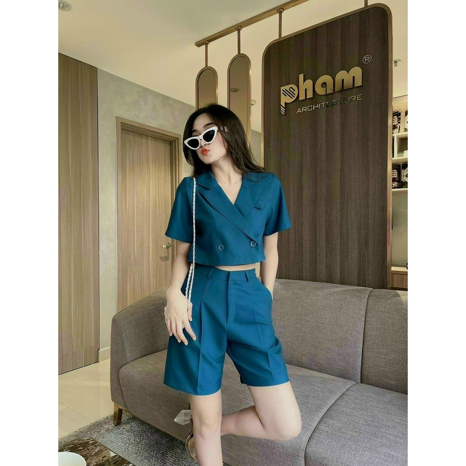 (Sale FreeShip) Sét đồ nữ,sét ngố cổ vest from croptop mix quần có túi,chất tuyết mưa cao cấp chuẩn shop,nhiu màu hottre