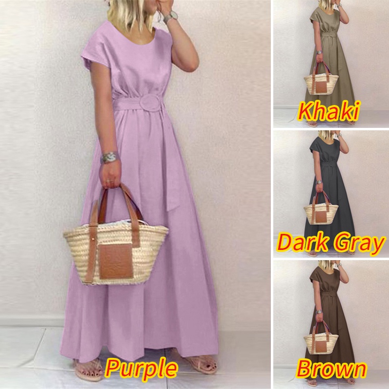 Đầm nữ Zanzea tay ngắn cổ tròn phối thắt lưng phong cách Châu Âu thời trang