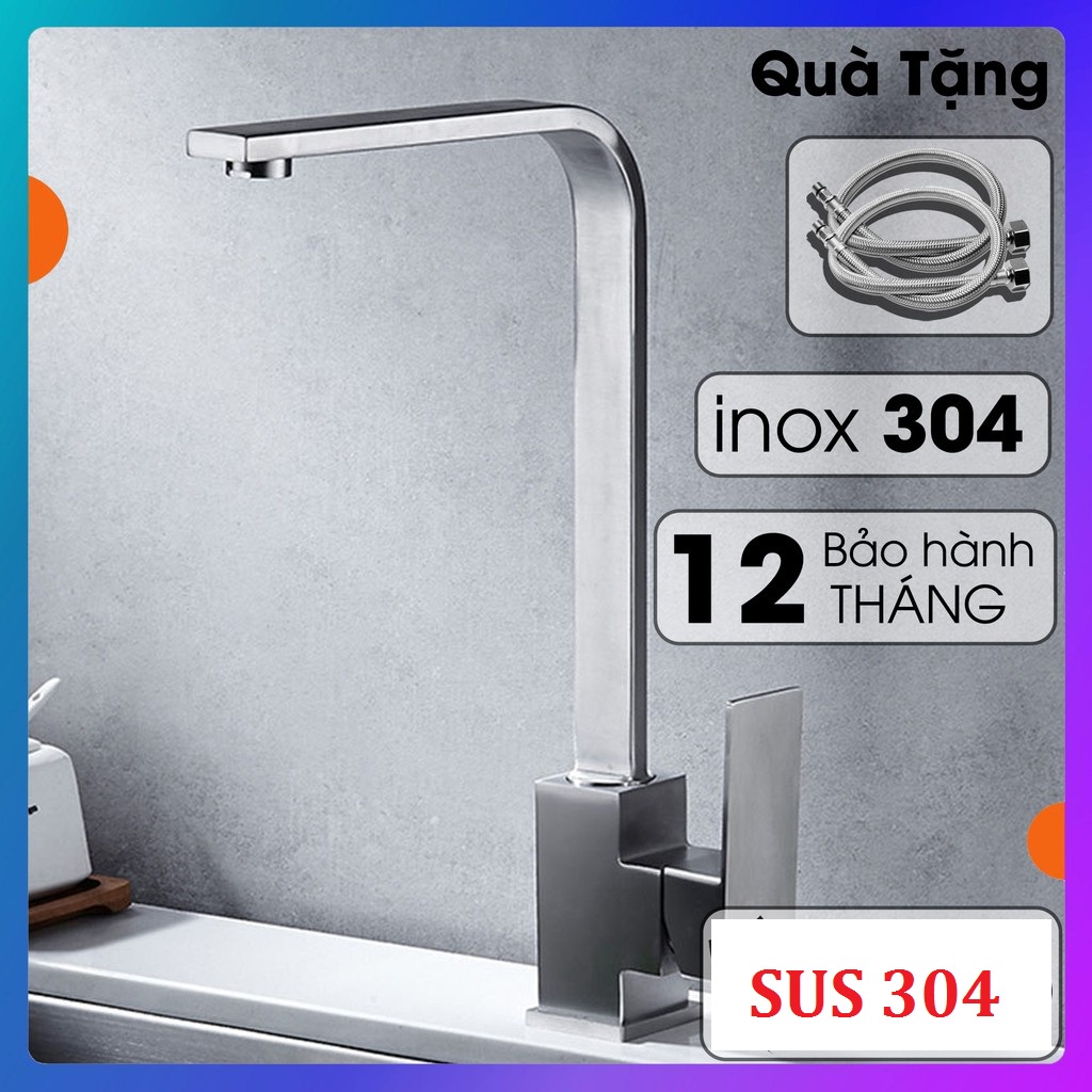 Vòi Chậu Rửa Bát Nóng Lạnh Inox SUS 304 Cần Vuông Dẹt, Xoay 360 độ, TẶNG KÈM DÂY CẤP