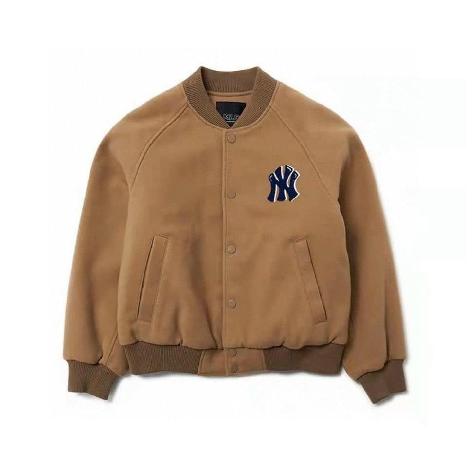 Áo khoác bomber da lộn MLB chất dày dặn cầm nặng tay sẵn hai màu cho bé 13-30Kg