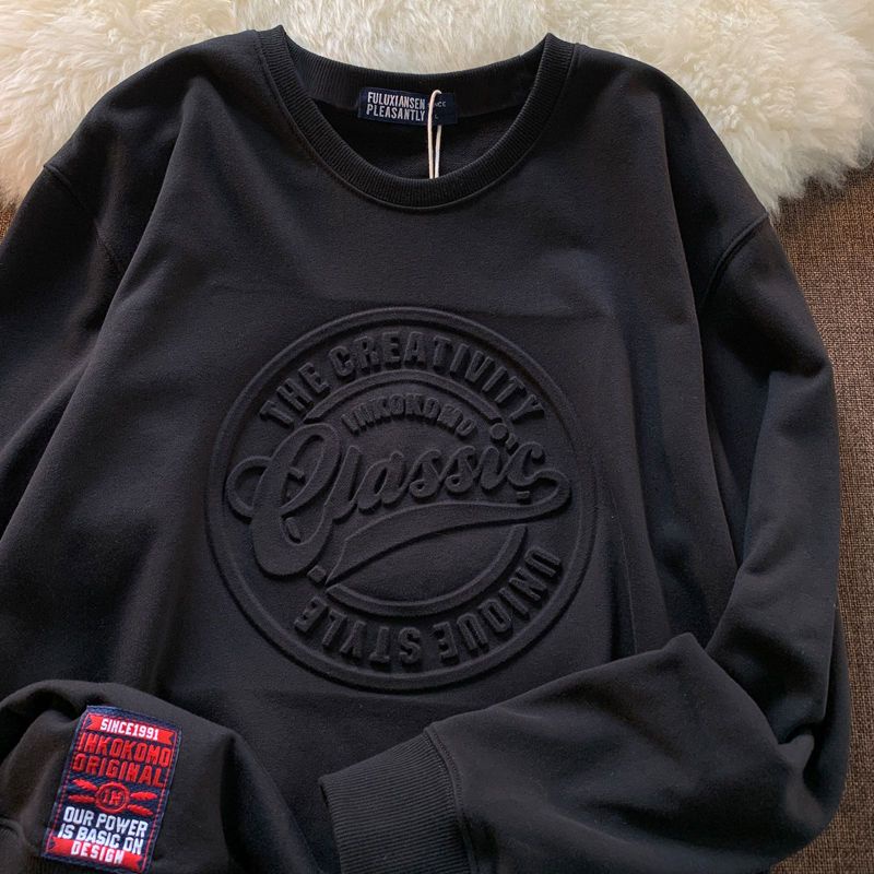 Áo Nỉ Tay Dài Cổ Tròn Họa Tiết Dập Nổi Phong Cách Mỹ Thời Trang Xuân Thu Mới 2022 Dành Cho Nam Nữ