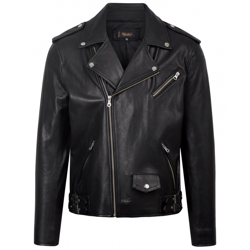 Áo da nam da dê Ftt Leather Biker Jacket suông phối đai hông màu đen