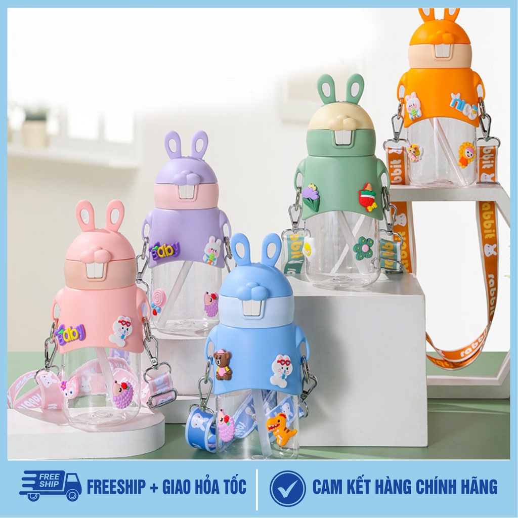 Bình nước tai thỏ có dây đeo,stiker kèm ống hút tiện lợi cho bé, có thể pha sữa, nước và các đồ uống khác cho bé