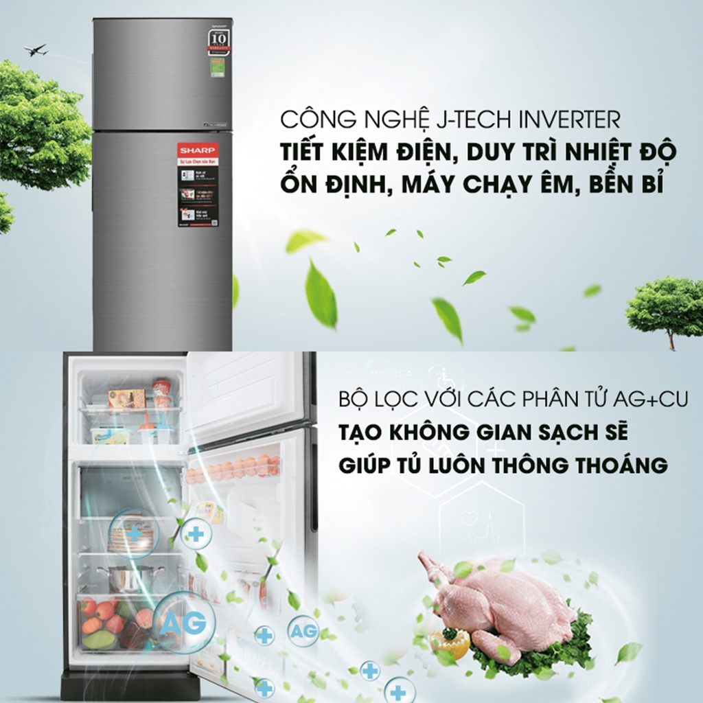 Tủ lạnh Sharp 241 lít Inverter SJ-X251E-DS khử mùi Nano Ag+ diệt khuẩn kính chịu lực