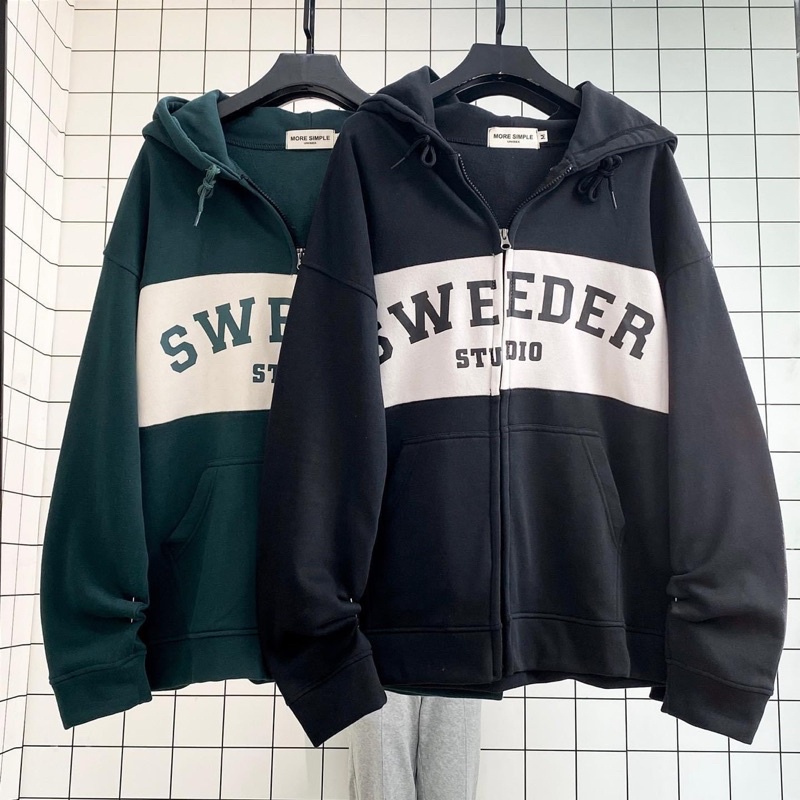 Áo Khoác Hoodie Zip SWEEDER STUDIO Nam Nữ Unisex Form Rộng Dày Dặn Xanh/Đen - Phong cách Hàn Quôc GIDI