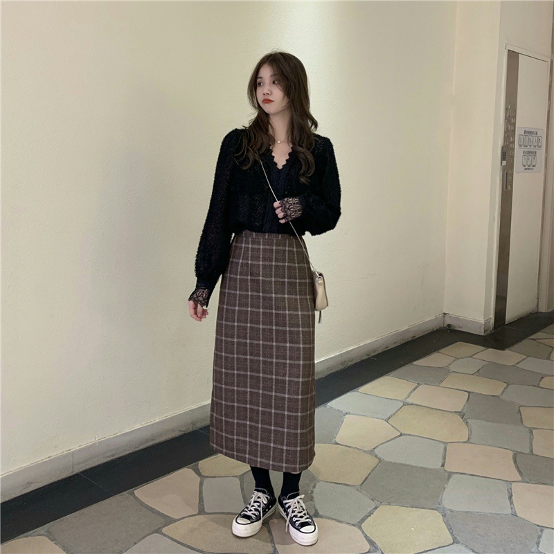 Áo ren SUXI tay dài cổ chữ V màu trơn phong cách vintage thời trang Hàn Quốc