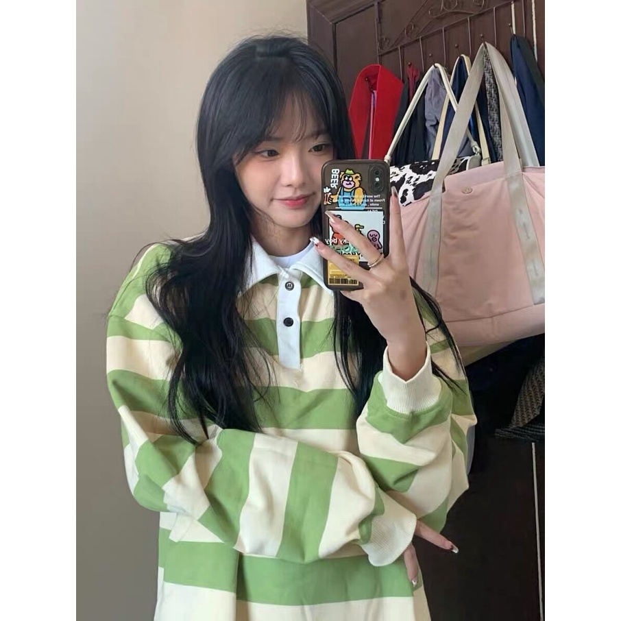 Áo Thun Sweater Tay Dài Kẻ Sọc Màu Xanh Lá Thời Trang Xuân Thu Cho Nữ