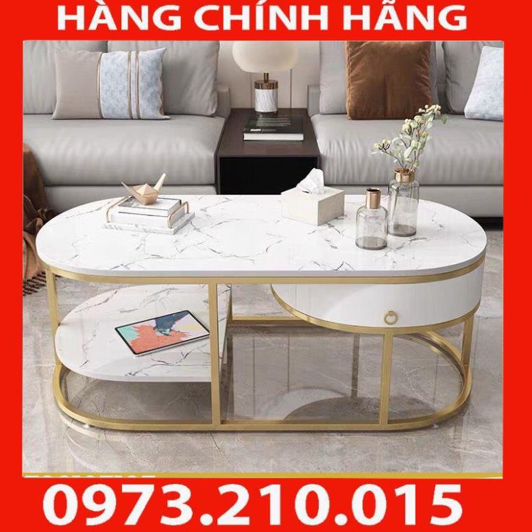 Bàn trà Sofa phòng khách mặt đá cao cấp hình bầu dục có ngăn tủ, khung chân kim loại sang trọng, hiện đại - Giá Xưởng