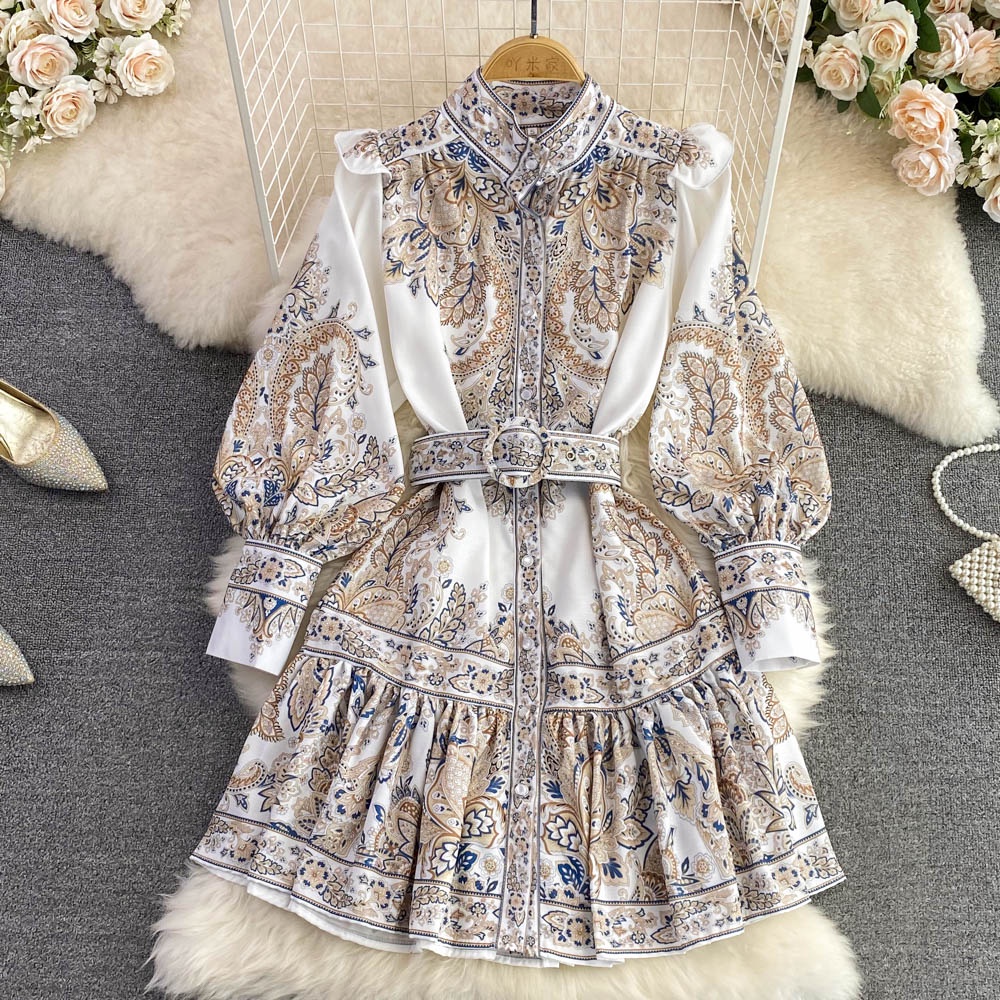 Đầm tay dài phong cách cung điện 2 màu kèm thắt lưng họa tiết bắt mắt đủ size