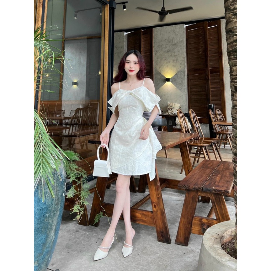 (Sale FreeShip) Đầm gấm nữ đi tiệc,thiết kế 2 dây trễ vai tinh tế phong cách trẻ trung,diện lên siêu chanh sả