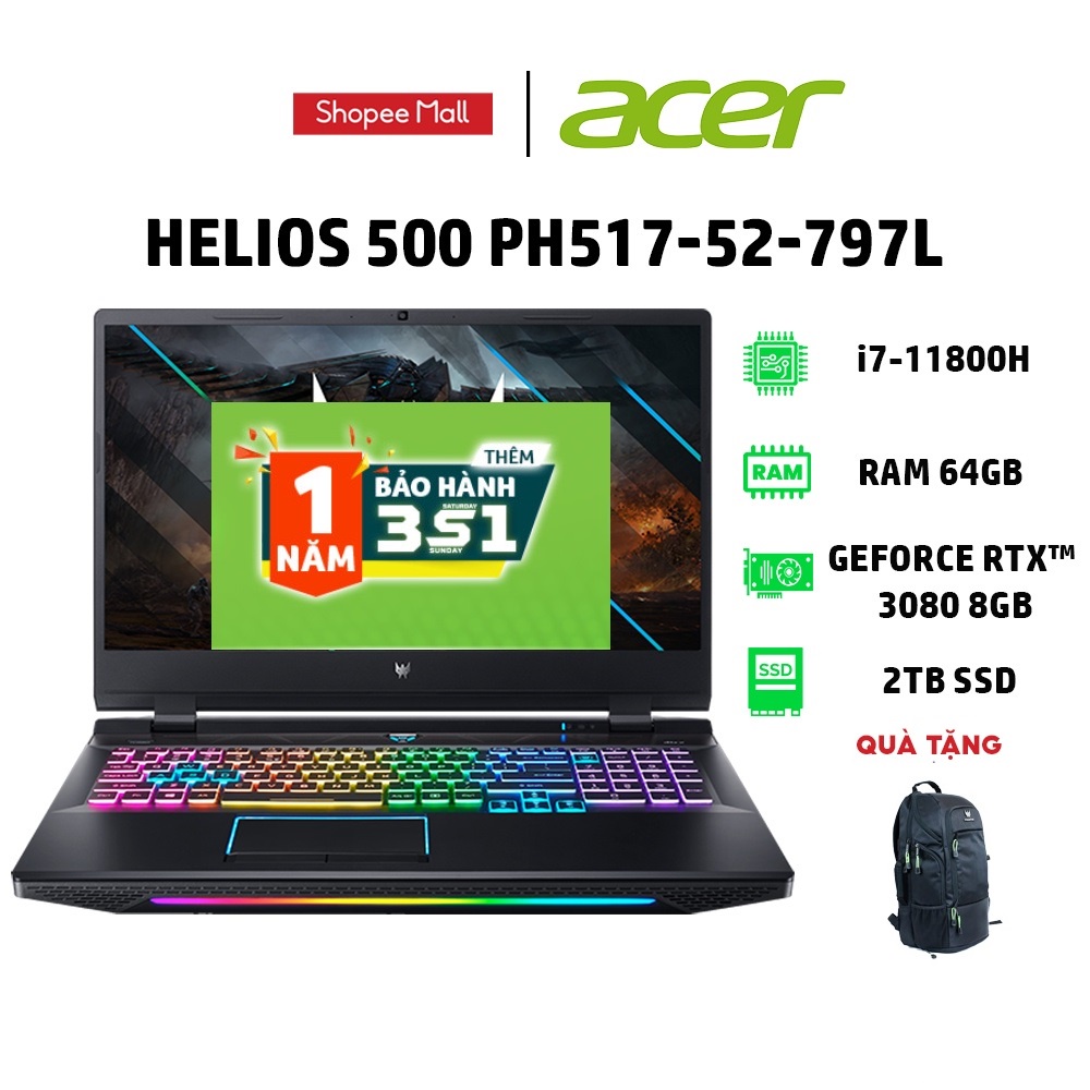 Laptop Acer Predator Helios 500 (PH517-52-797L) i7-11800H |GeForce RTX™ 3080 8GB