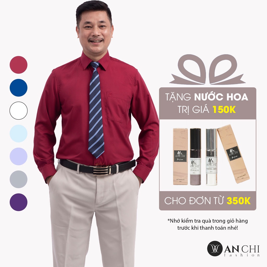 Áo Sơ Mi Nam Dài Tay Trung Niên ANCHI Classic Cotton Trơn Màu Đỏ Đô Cao Cấp
