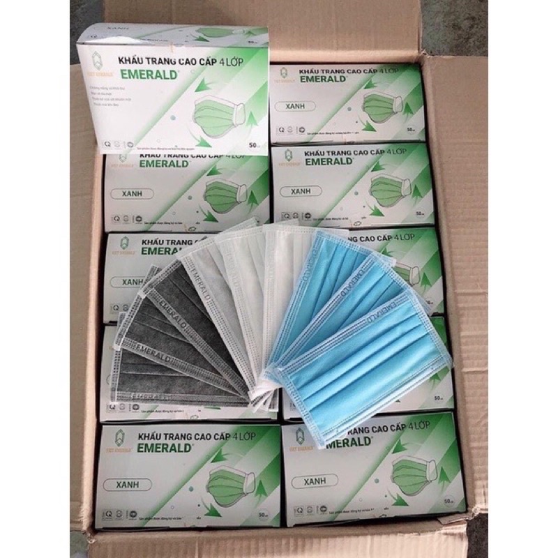Khẩu trang y tế cao cấp emerald 4 lớp hộp 50 cái. 3 màu trắng, xanh, xám hàng công ty uy tín chất lượng