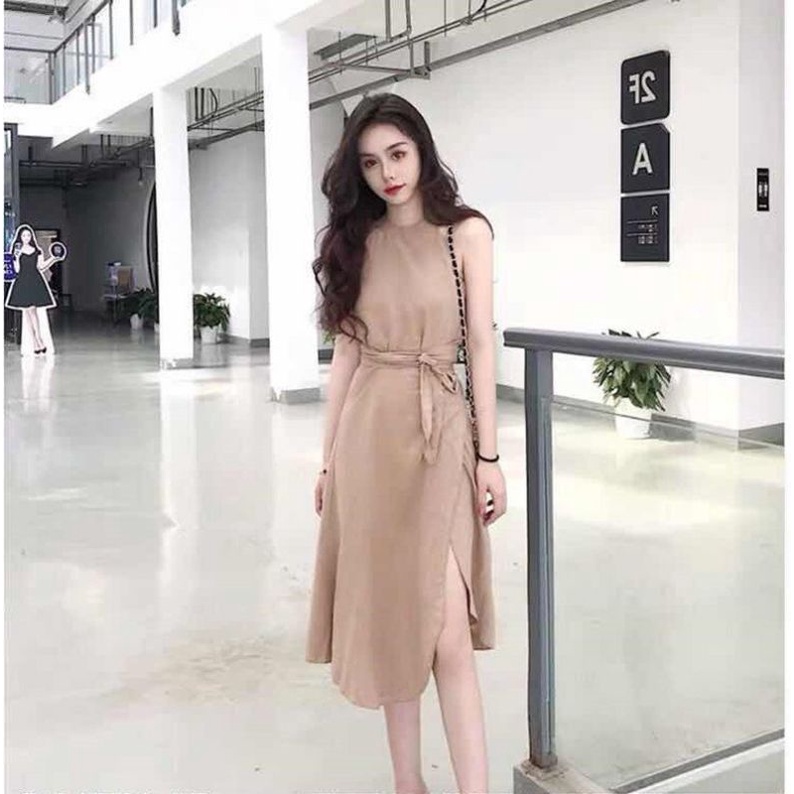 Đầm Lụa Xòe Cổ Yếm Thắt Nơ Xinh ,Váy Midi Lụa Xẻ Tà Vạt Đắp Chéo Cổ Trụ Thanh Lịch Màu Nude M L XL