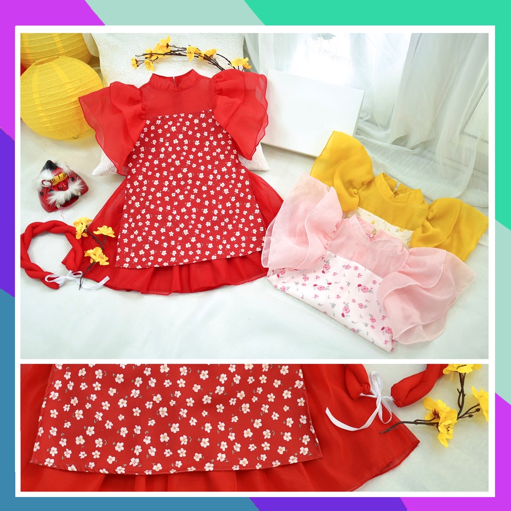 Áo dài  bé gái hoa nhí tay bồng sét áo dài cho bé gái từ 2 đến 9 tuổi kubnstore