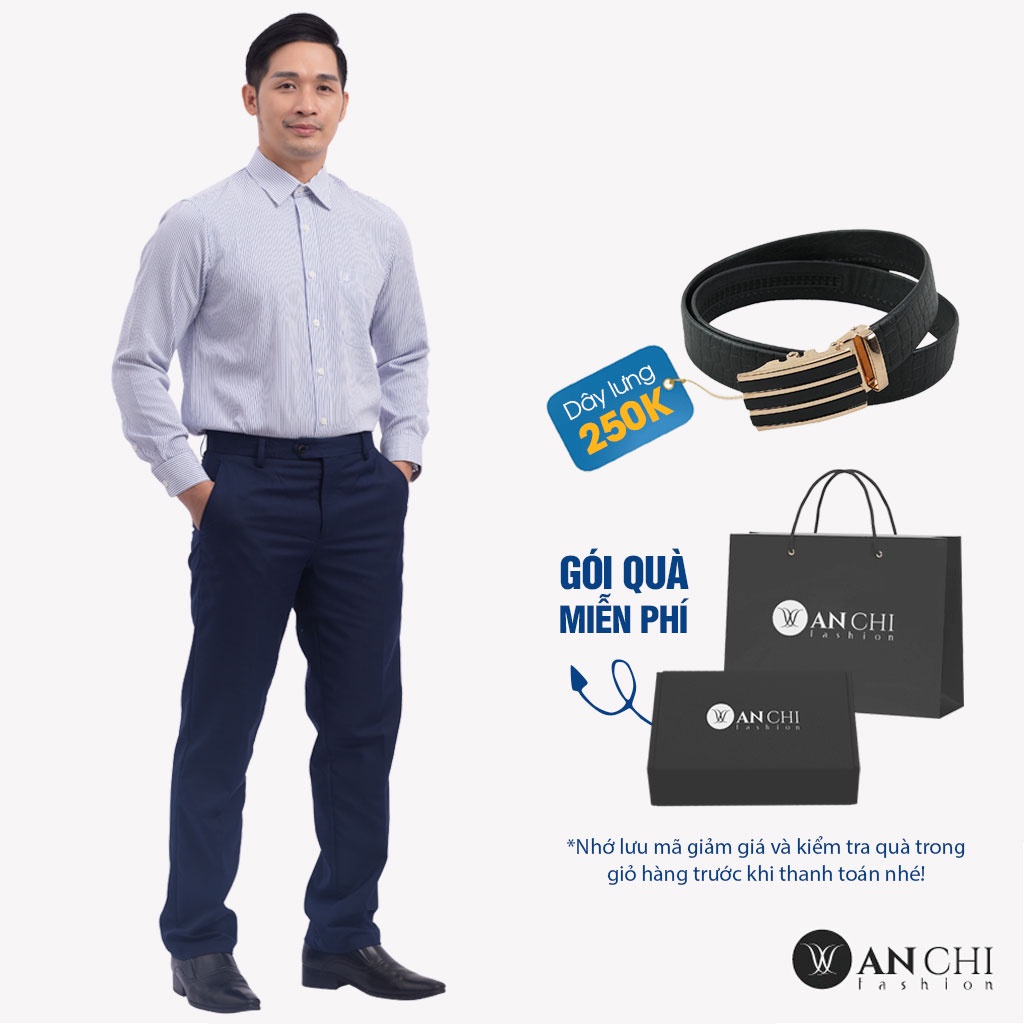 Combo Áo Sơ Mi Nam Dài Tay Sọc Xanh Và Quần Âu Tuytsi Xanh Than Trung Niên ANCHI Cao Cấp