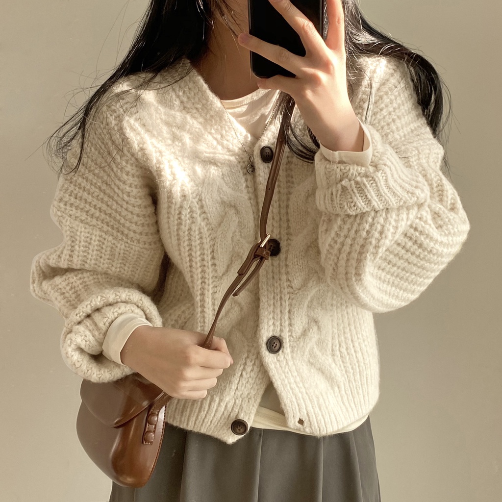 Porozi  Áo Khoác Len Nữ Dài Tay Cổ Chữ V Kiểu Hàn Quốc