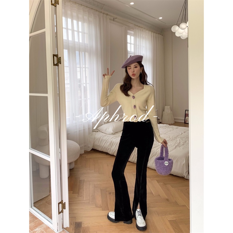 Aphrod Áo Khoác sweater Dệt Kim Cổ Vuông Cài Nút Quả Nho Ba Chiều Kiểu Pháp Mới