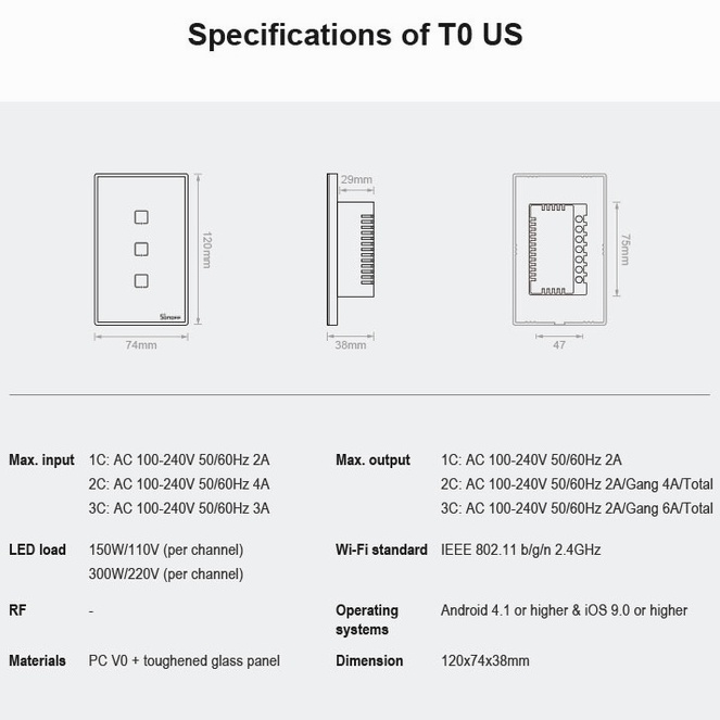 GOOGLE Công TắC ChạM WiFi Thông Minh SONOFF T0 US 120 1 / 2 / 3 Gang TX KèM Phụ KiệN