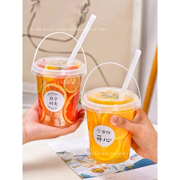 XÔ QUAI XÁCH + NẮP CẮM ỐNG HÚT , xô trà sữa, xô nhựa đựng chè trân châu giá rẻ