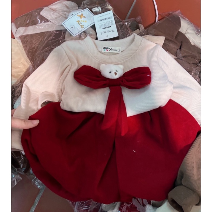 [SET BÉ GÁI] Bộ nhung nơ gấu chân váy quả bí có lót quần cho bé gái (8-18kg)