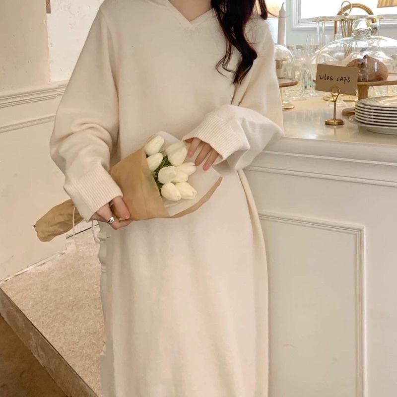 Váy len dệt kim dáng suông dài thu đông