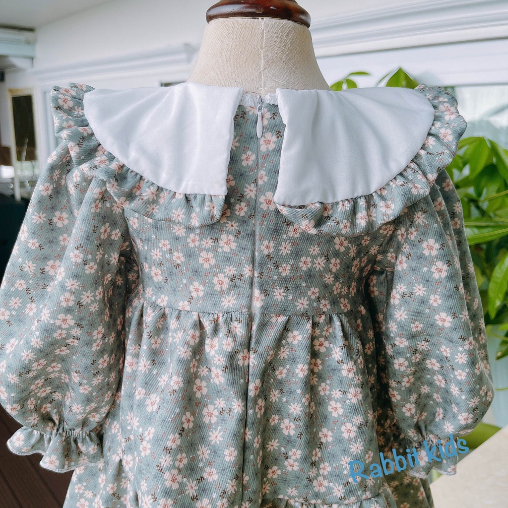 Váy Thu Đông BabyDoll Cho Bé Gái💝FREESHIP💝Rabbit Kids -Đầm Dài Tay Trẻ Em 8-32kg Nhung Tăm Hoa Xanh Mềm Mại