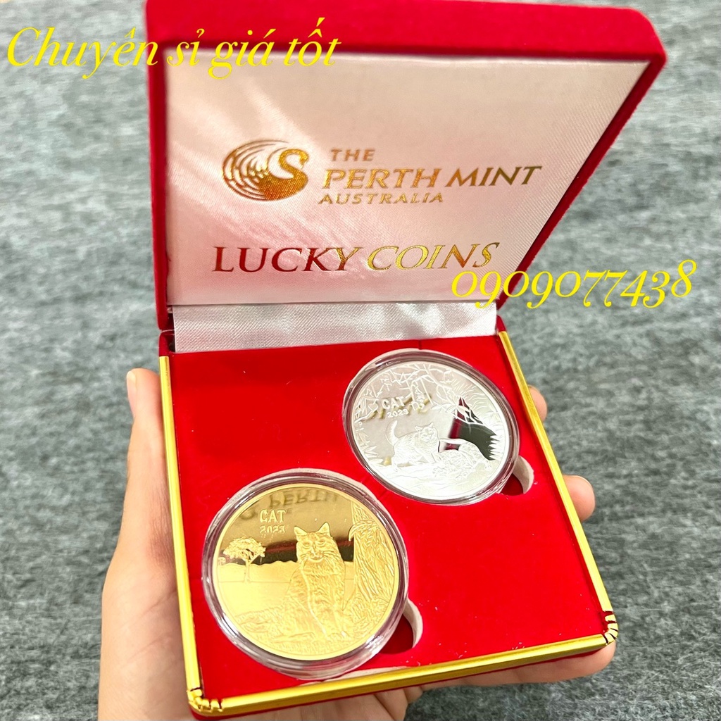 Cặp Xu Mèo Úc Mạ Vàng Bạc kỷ niệm Kèm Hộp Nhung Túi Nhung trang trọng đẹp mắt Lì Xì Tết 2023 độc đáo