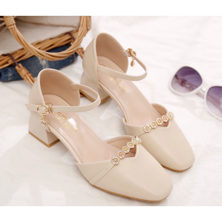 Sandal Cao Gót Đính Đá Đế Cao 3 Phân Mũi Vuông