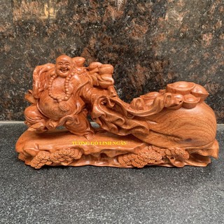 Tượng phật di lặc kéo bao tiền bằng gỗ hương chiều ngang 30 cm