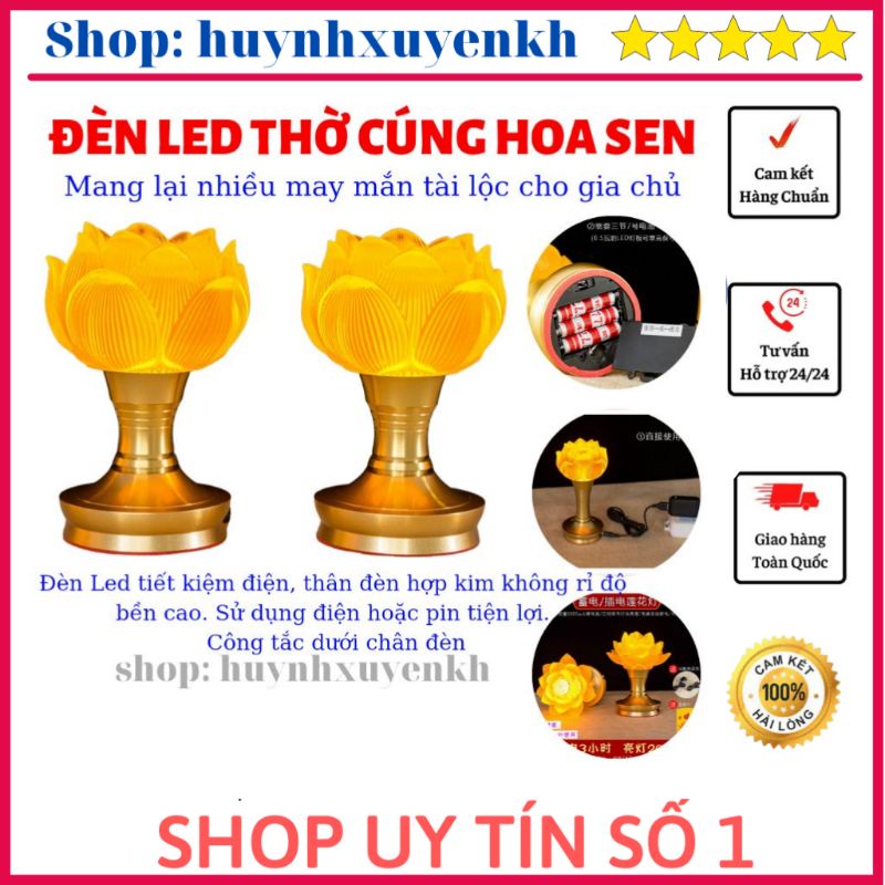 Đèn led thờ cúng hoa sen kiểu pha lê đế hợp kim không rỉ sử dụng điện hoặc pin công tắc dưới chân đèn cho bàn thờ Phật