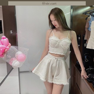 Set áo croptop 2 dây cúp ngực denim trắng set áo kèm quần short ống xòe giả váy